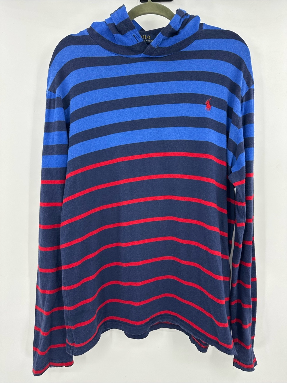 Polo Ralph Lauren Striped Hooded Long-Sleeve Shirt - Blue & Navy with Red Accent